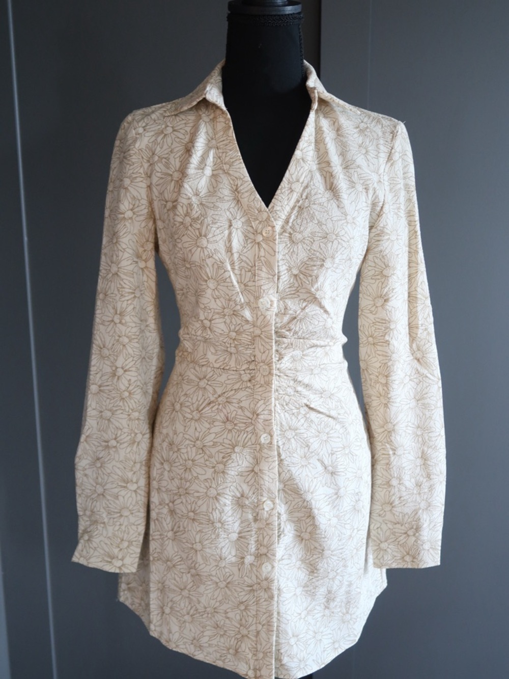 Kittenish Floral Cream Button-Front Collared Shirt Dress